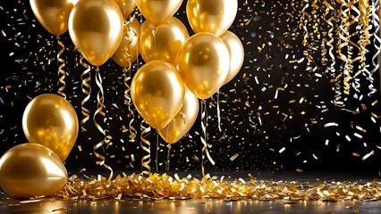 Golden balloons and confetti on a black background