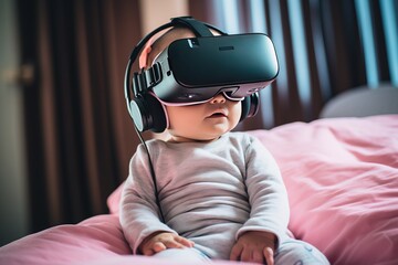 Newborn baby wearing virtual reality headset - 771858047