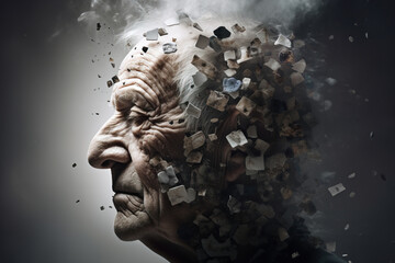 Alzheimer's concept. Elderly man with thoughts and memories fading away. - 771858063