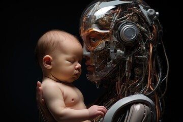 A robot mother cradling a newborn baby - 771858070