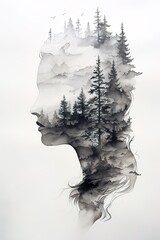 Black and white double exposure profile of a woman and a forest