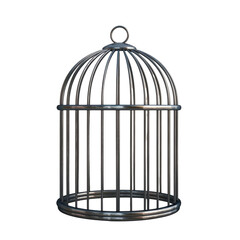 Metal bird cage with intricate grille pattern on transparent background