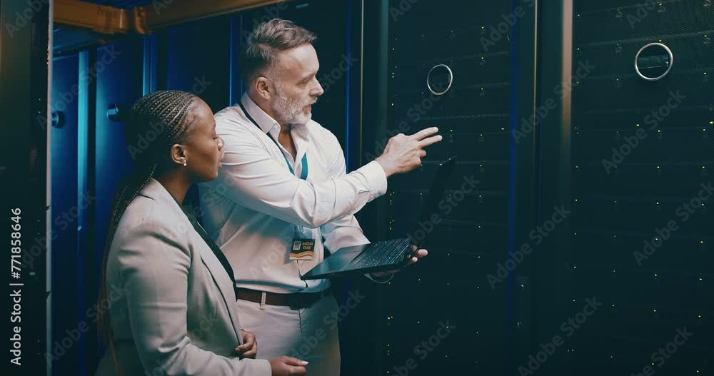 Poster Technician, teamwork and laptop in server room for cloud computing, system engineering and hardware solution. Senior man, woman or people in data center, information technology coding or programming