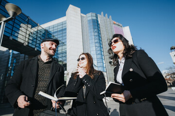 A group of young business entrepreneurs engage in a discussion while working on their projects against an urban cityscape backdrop, using notebooks.
