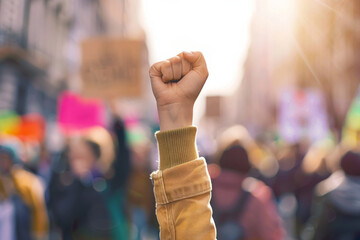 Close up of a fist raised in the air at an outdoor political protest - obrazy, fototapety, plakaty