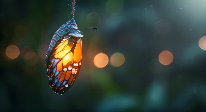 A chrysalis hanging in darkness, with a vibrant butterfly emerging into light