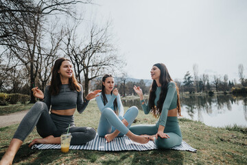 A group of girls in sportswear engages in a friendly chat while sitting on a yoga mat in a serene park 