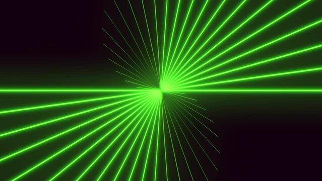 A dynamic green laser beam with zigzag lines shoots out from the center, moving towards the right against a black background in this visually captivating image