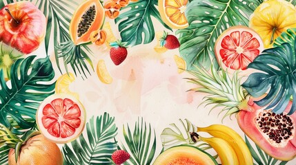 Tropical fruit watercolor pattern, exotic citrus and foliage, vibrant summer background with copy space - obrazy, fototapety, plakaty