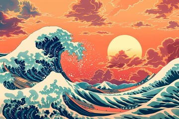Fototapeta na wymiar Great wave Japanese style,vintage wave illustration,Japanese art style ocean,stormy sea waves,Japanese woodblock print,ukiyo-e inspired artwork,traditional Japanese aesthetics,retro style seascap