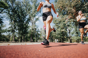 Fit women running outdoors in a park. Active and happy, they train in the natural environment. Motivation and energy are evident in their sporty activities.