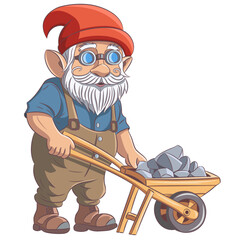 Fabulous bearded gnome builder with glasses in a red cap near a wheelbarrow with stones isolated on a white background. - 771860063