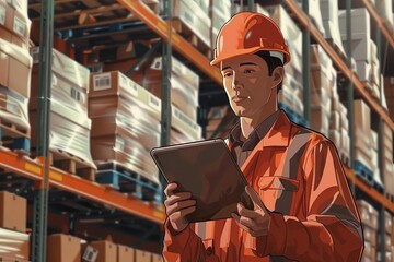 Good-looking warehouse worker with tablet, large goods storage in background, digital illustration