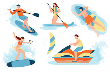 Extreme water sport flat vector illustrations set