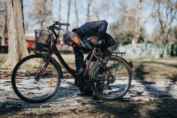 A senior man is engaged in fixing a bicycle outdoors. Natural light casts a serene ambiance as he works on the wheel in a peaceful park setting.