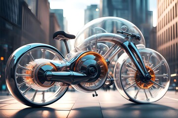 Electric bicycle with futuristic design, transparent made of glass with internal structures visible inside, city background, technology concept, generative ai