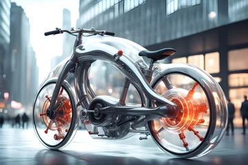Fotobehang Electric bicycle with futuristic design, transparent made of glass with internal structures visible inside, city background, technology concept, generative ai © João Macedo