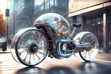 Electric bicycle with futuristic design, transparent made of glass with internal structures visible inside, city background, technology concept, generative ai - obrazy, fototapety, plakaty