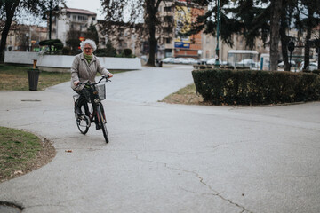 Active senior citizen cycling alone on a path surrounded by trees and urban structures on an overcast day.