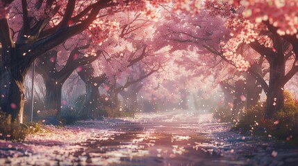 An image capturing a serene path under a canopy of blooming cherry blossoms, with petals gently falling like snow, embodying the quintessential beauty of spring.