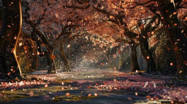 An image capturing a serene path under a canopy of blooming cherry blossoms, with petals gently falling like snow, embodying the quintessential beauty of spring.