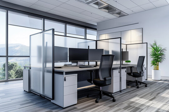  A contemporary cubicle with frosted glass partitions, each workstation equipped with dual monitors and ergonomic keyboards. 
