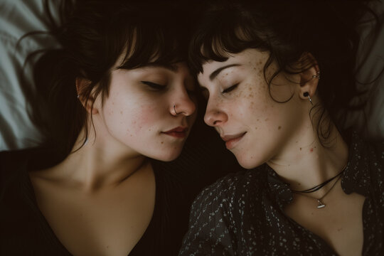 Gay love, two women in love sleeping together on their bed with a smile and lgbt pride pleasure