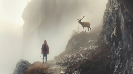 An image capturing a solitary hiker facing a majestic deer on a foggy mountain trail, the mist adding a layer of mystery and connection between human and wildlife.