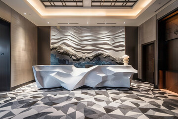  A modern reception area with a sculptural desk, geometric carpeting, and a feature wall adorned with abstract artwork. 
