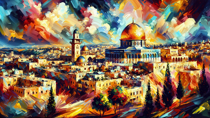 Jerusalem's Majesty: Acrylic Painting of Al-Aqsa Mosque and Cityscape