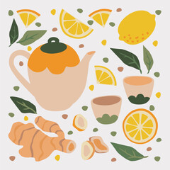 Set of cozy tea party illustrations. Drink with ginger and lemon, teapot, mugs, mint. Vector isolated objects on a light background.