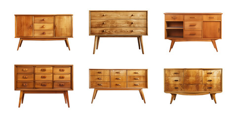 Collection of wooden sideboard with drawers isolated on a transparent background, PNG