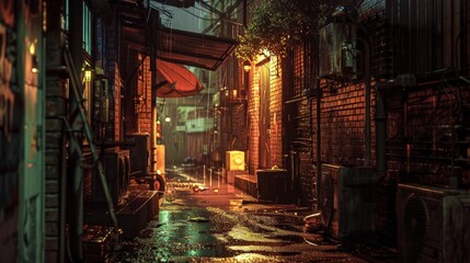 Fototapeta na wymiar An image capturing the mysterious ambiance of a dimly lit alleyway in a bustling city at night, with shadows and light playing off the walls, hinting at untold stories and hidden secrets.