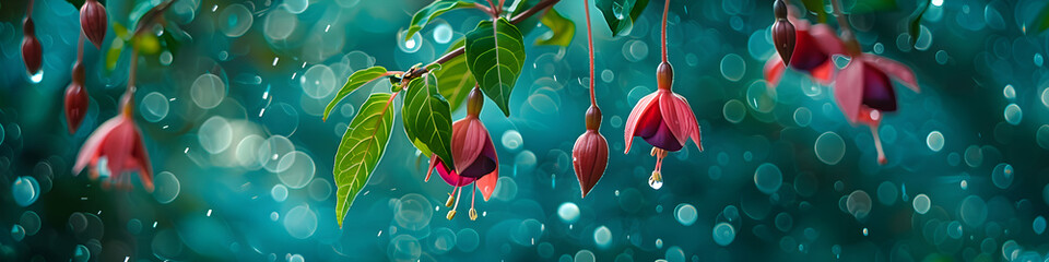 Fuchsia magellanica (Hummingbird fuchsia) flower on blurred green background. Purple tropical exotic flower in spring garden in rainy day. Elf flower. Floral backdrop for card, banner, poster - obrazy, fototapety, plakaty
