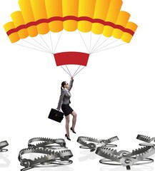 Businesswoman falling into trap on parachute
