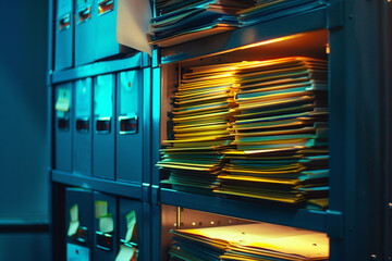  A stack of neatly organized files on a modern metal filing cabinet, catching the glow of overhead fluorescent lights. 
