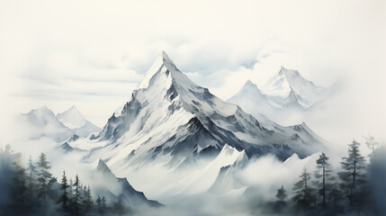 A watercolor painting of a mist-shrouded forests and mountains in a tranquil landscape, creating a sense of depth and serenity.