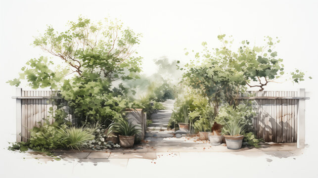 A tranquil garden gateway with embraced by vibrant greenery and potted plants, is portrayed in a soothing watercolor artwork, inviting viewers to embrace the serenity of nature.