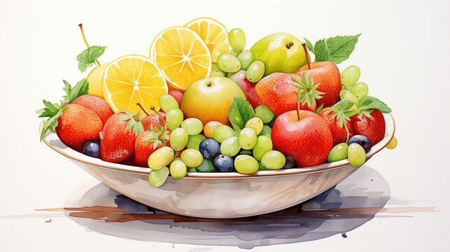 A watercolor painting of a minimalist fruit bowl with a few carefully placed fruits in bold colors.