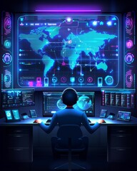 Professional in a futuristic cybersecurity control room with illuminated displays of global network information