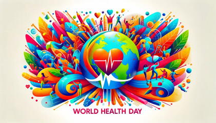 A colorful World Health Day illustration featuring a heart and global community motifs.