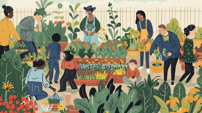An image capturing the spirit of community gardening, where people of all ages and backgrounds come together to grow food and flowers, fostering a sense of community and connection to the earth.