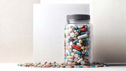 A clear jar filled with a variety of multicolored capsules and tablets, with more pills scattered in front of it, against a light background