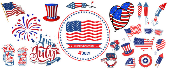 Obraz premium Premium Vectors | The symbol and elements of the fourth of July are set in the blue, red and white colors of the U.S. flag, isolated. Patriotic decoration for design. Photos about events, design, memo