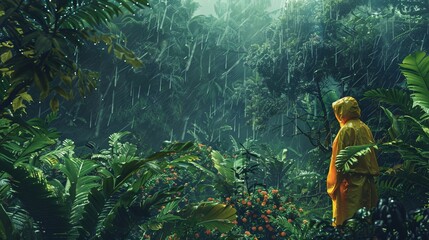 The vibrant life of the jungle during a monsoon, with a person in a raincoat witnessing the...
