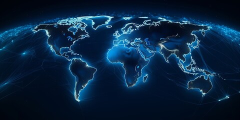 3D rendering depicting a global network connection concept, featuring cyber beams and lights emanating from various points