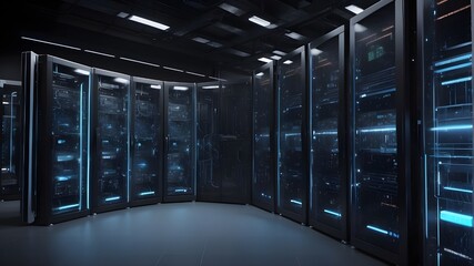 Server racks from a modern data center in a dark room with visual effects. Internet of Things Visualization Concept: Data Flow and Digitalization of Internet Traffic. sophisticated warehouse for elect