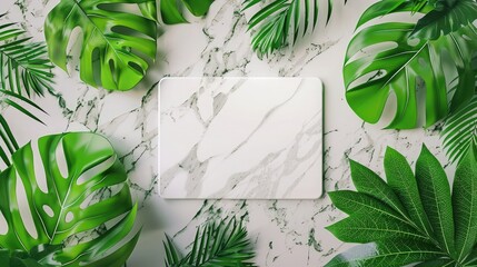 White marble tablet on abstract blur leaves background, panoramic banner - can be used for display or montage your products