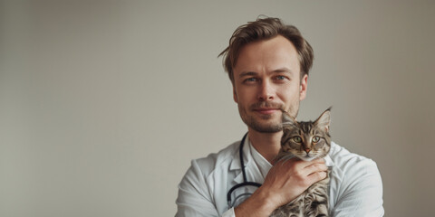 Veterinarian doctor witt cute cat on light background with copy space. Pet health, love animals concept. Sick animal in a veterinary clinic. Vet stroking domestic cat before procedure