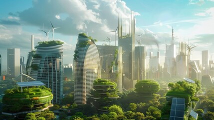 a futuristic cityscape powered entirely by sustainable energy sources, featuring sleek buildings with green roofs, solar panels, and wind turbines seamlessly integrated into the architecture. - obrazy, fototapety, plakaty